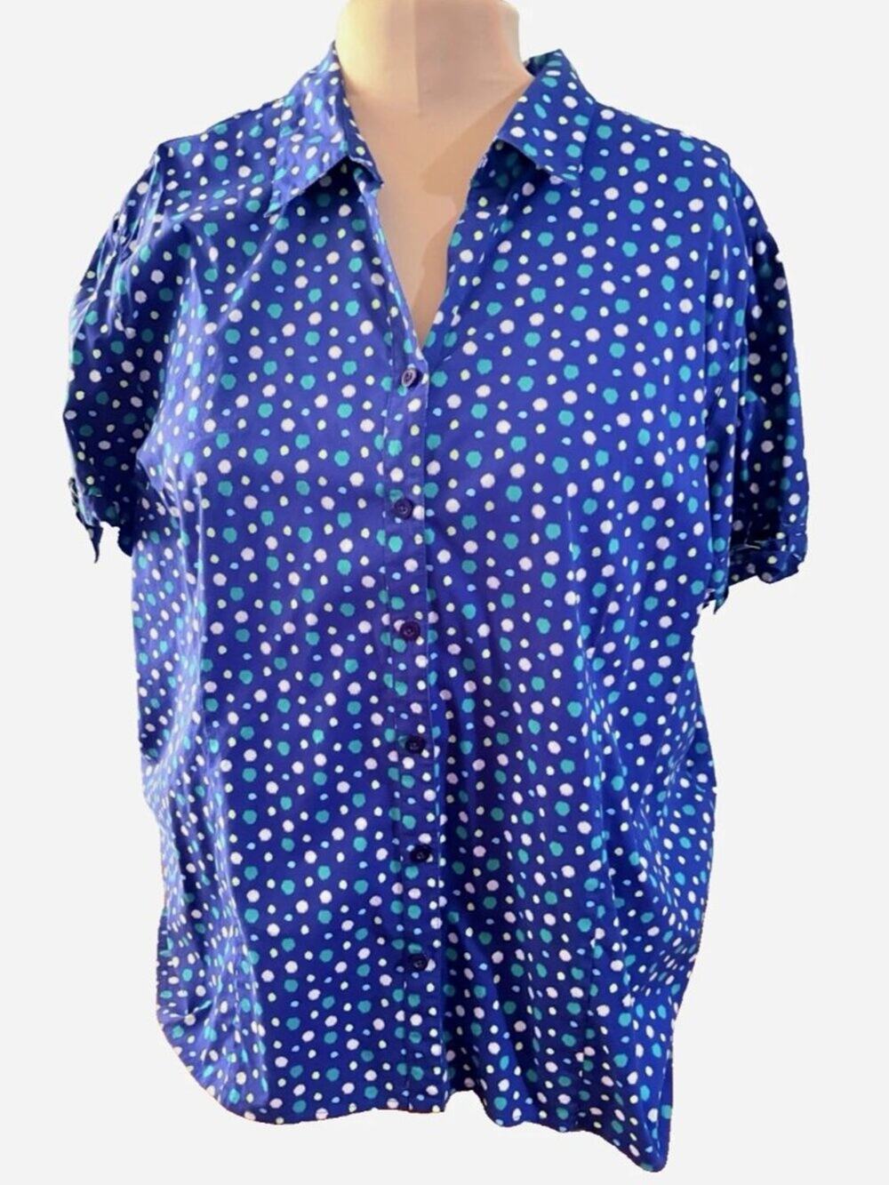Liz & Me Women's Blue Dots Button Up Top Size 3-4X Lightweight Adjustable Sleeve